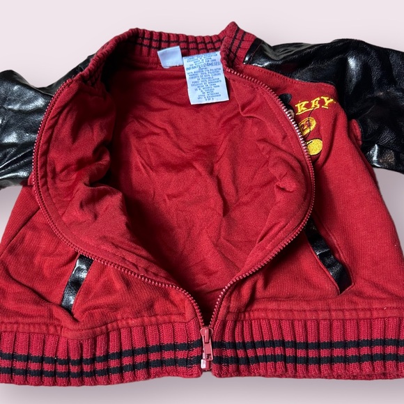 Baby Wonderful World Of Disney Faux Leather Sleeve Mickey Mouse Bomber Jacket - Picture 6 of 11